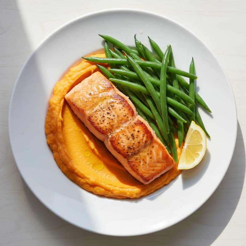 Seared Salmon Filet with Steamed Green Beans and Sweet Potato Mash