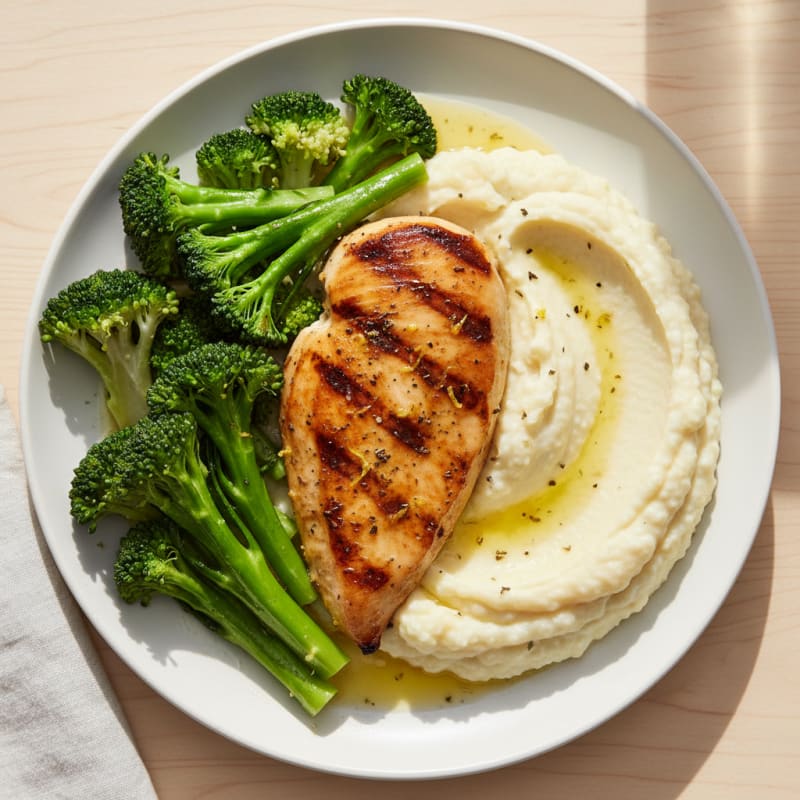 Grilled Chicken Breast with Steamed Broccoli and Cauliflower Mash