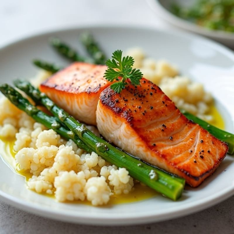 Seared Salmon with Steamed Asparagus and Cauliflower Rice
