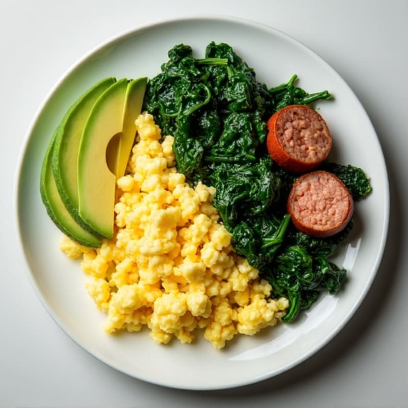 Egg White Scramble with Turkey Sausage and Sautéed Spinach