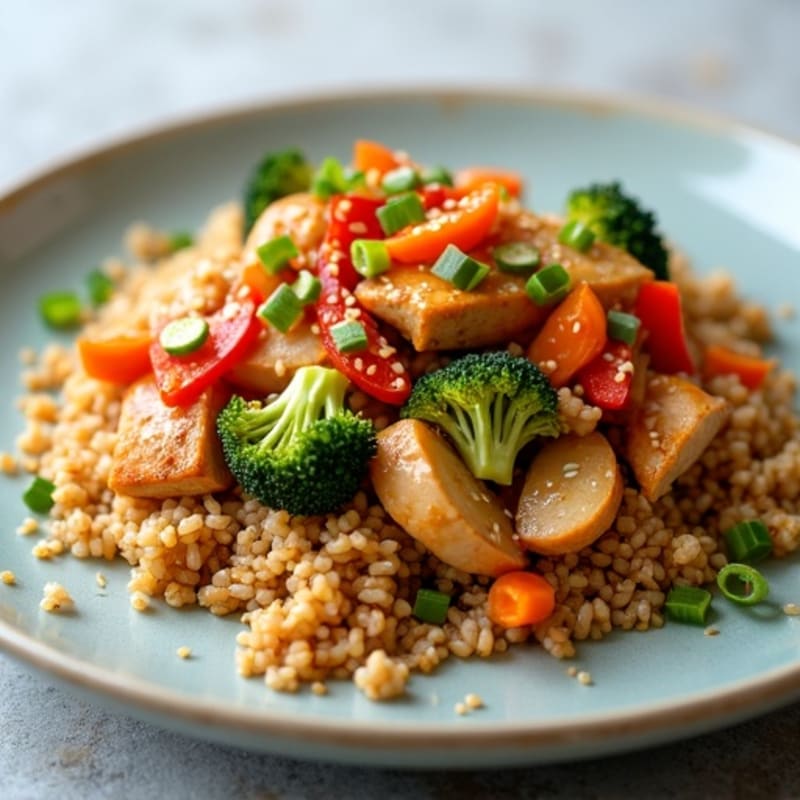 Sesame Chicken and Crispy Veggie Brown Rice Stir-Fry