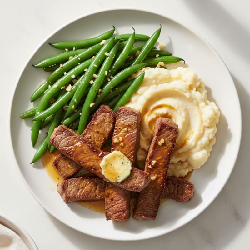Seared Steak Strips with Garlic Green Beans and Mashed Cauliflower