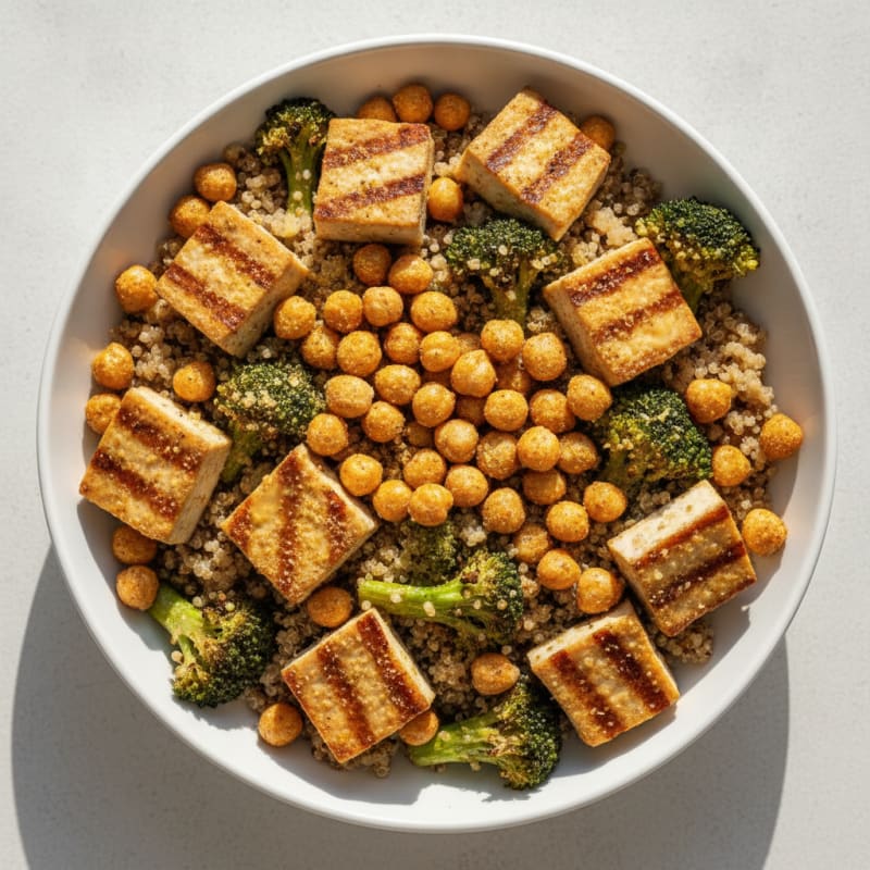 Grilled Tofu and Quinoa Bowl with Crunchy Chickpeas and Broccoli