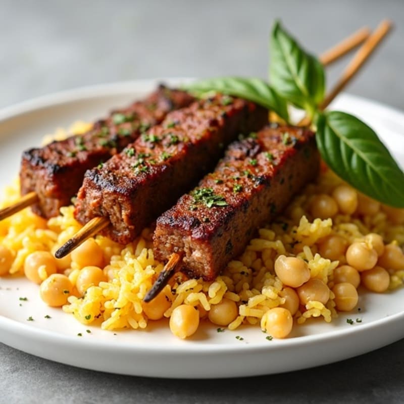 Herb-Spiced Ground Beef Skewers with Saffron Rice