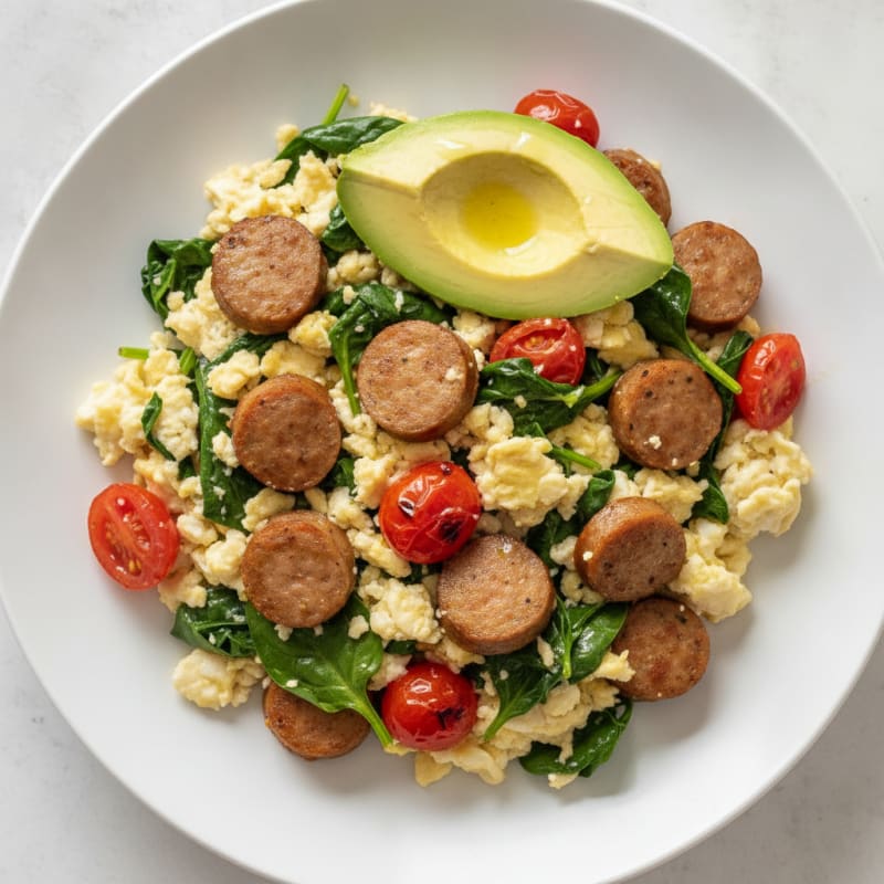 Egg White and Turkey Sausage Scramble with Spinach and Tomatoes