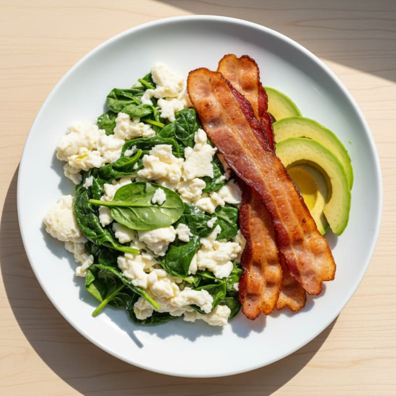 Scrambled Egg Whites with Spinach and Grilled Turkey Bacon
