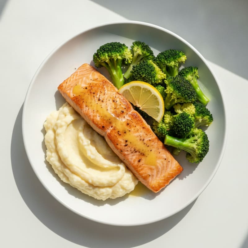 Seared Salmon with Steamed Broccoli and Garlic Mashed Cauliflower