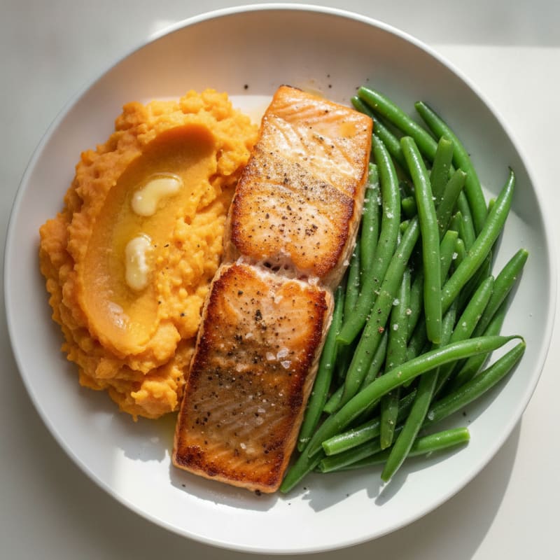 Seared Salmon with Steamed Green Beans and Sweet Potato Mash