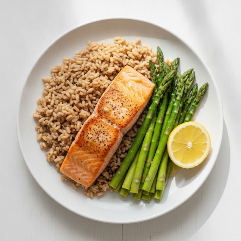 Pan-Seared Salmon with Steamed Asparagus and Brown Rice