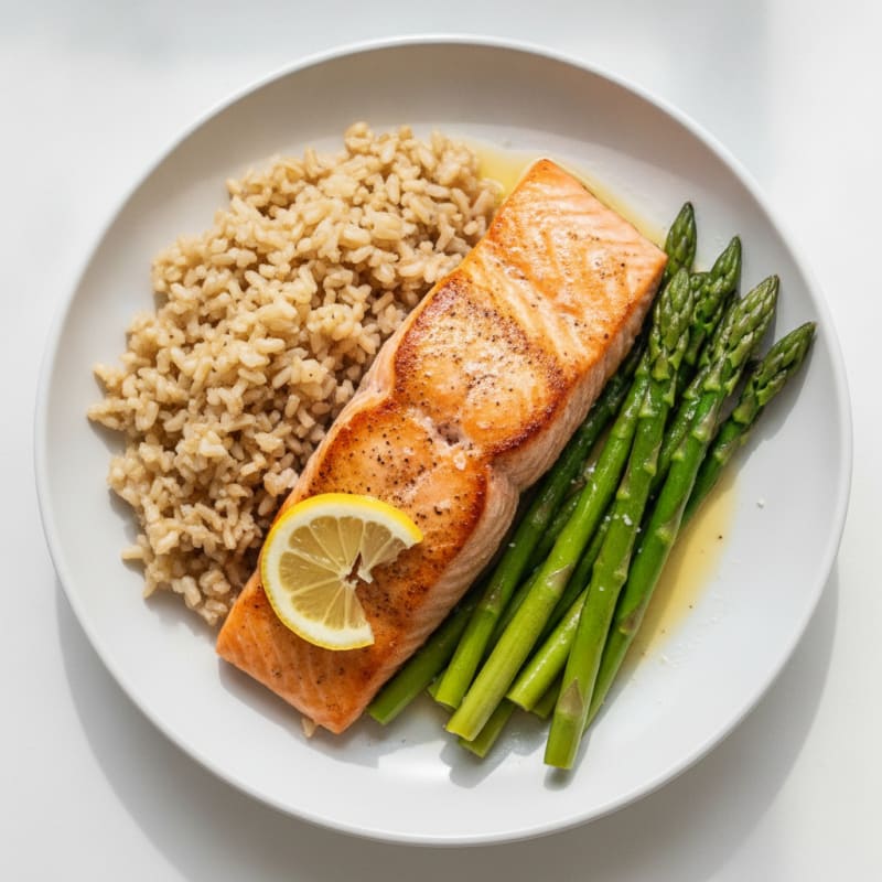 Seared Salmon Fillet with Steamed Asparagus and Brown Rice
