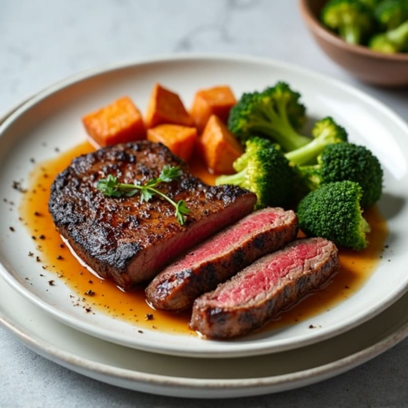 Seared Steak with Roasted Sweet Potatoes and Broccoli