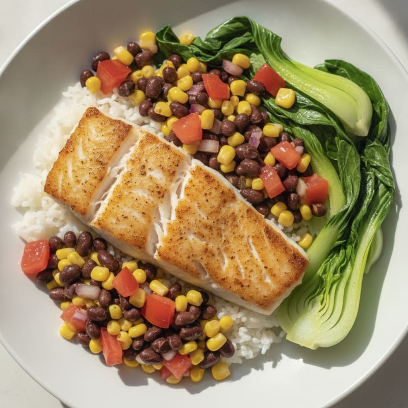 Pan-Seared Fish with Steamed Bok Choy and Black Bean Corn Salsa