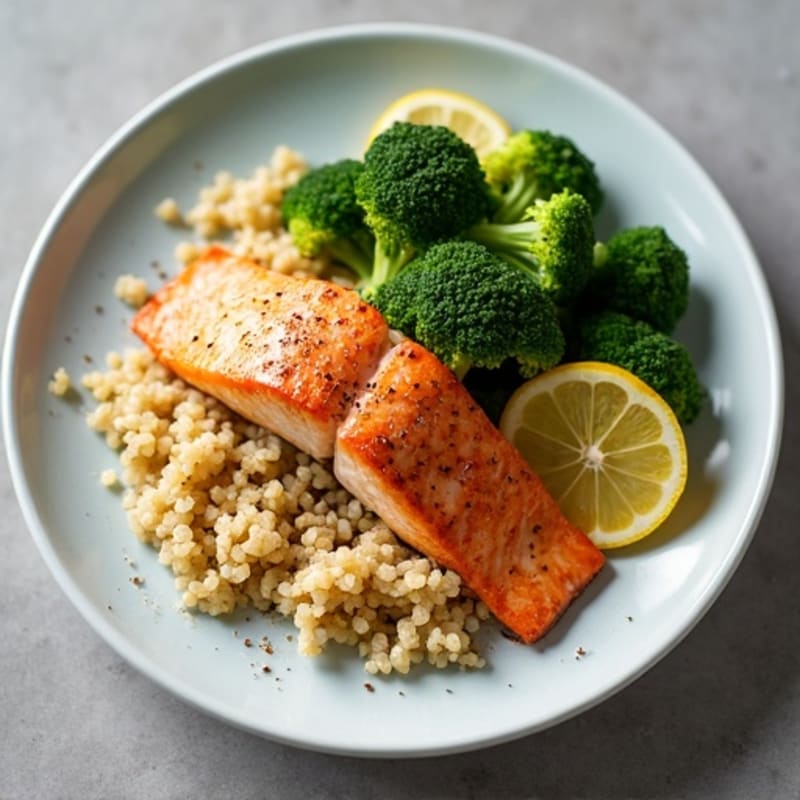 Flaky Pan-Seared Salmon with Crispy Roasted Broccoli and Quinoa