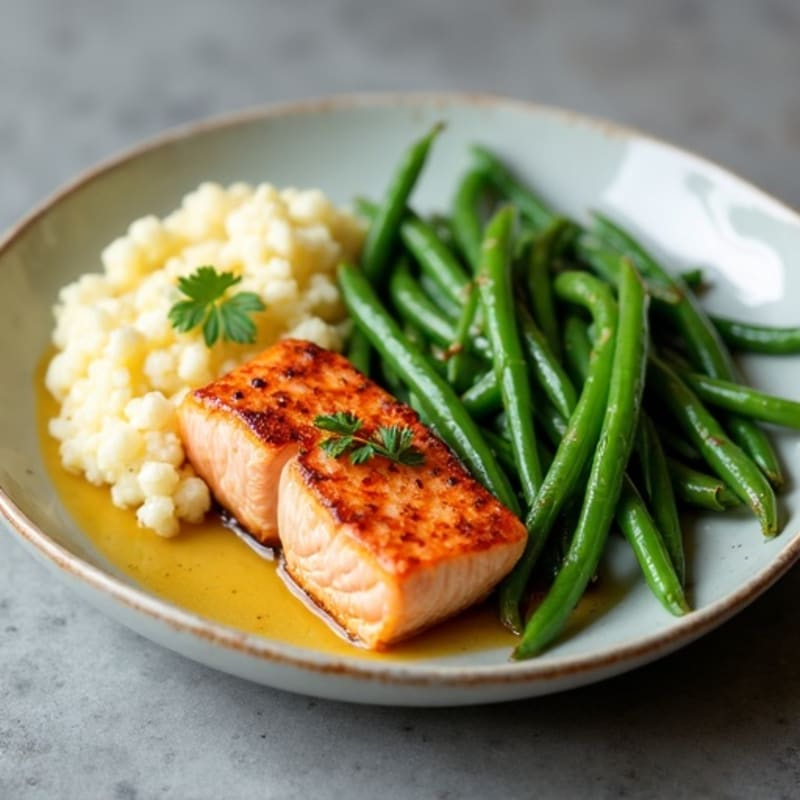 Seared Salmon with Garlic Green Beans and Cauliflower Mash