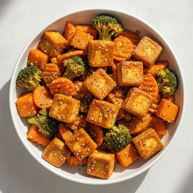 Ginger-Sesame Tofu with Steamed Vegetables