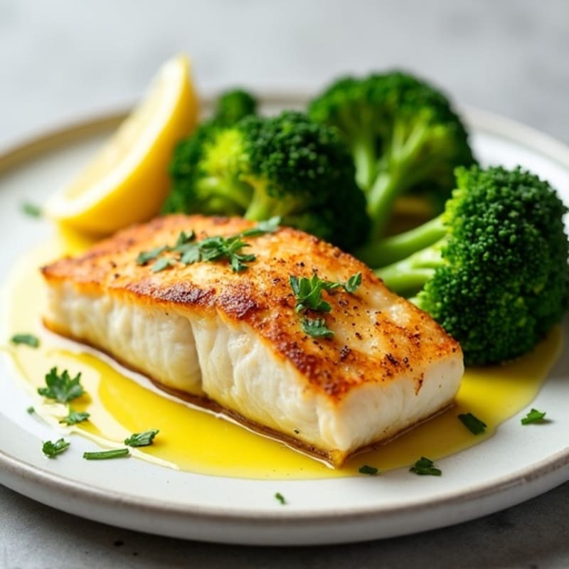 Seared Cod Fillet with Steamed Broccoli and Lemon