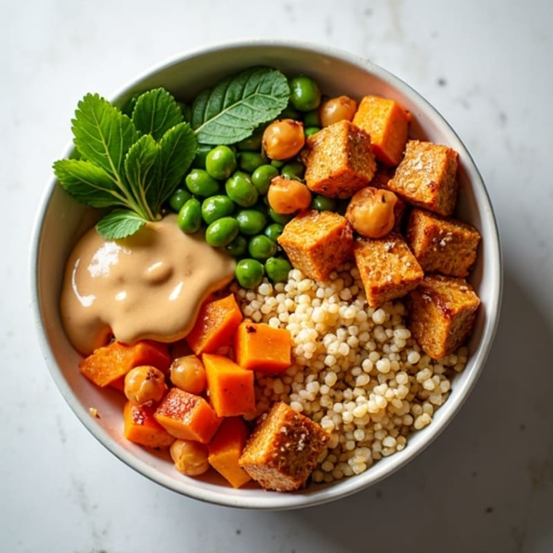 Crispy Chickpea Quinoa Bowl with Roasted Sweet Potatoes and Creamy Tahini Dressing