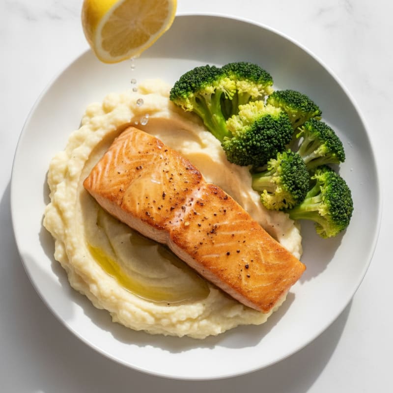 Seared Salmon Fillet with Steamed Broccoli and Cauliflower Mash