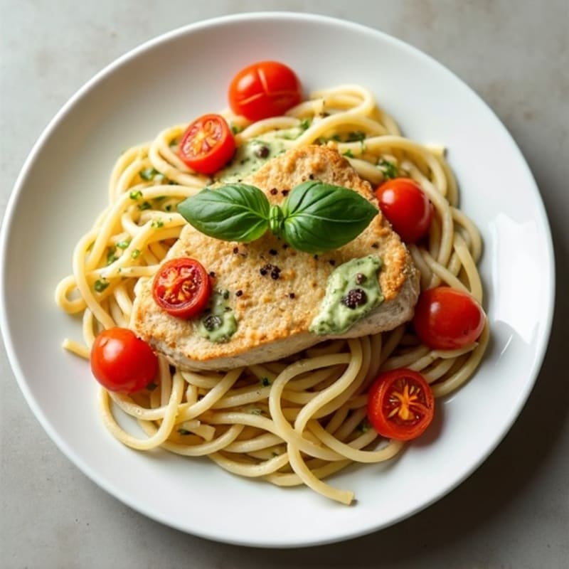 Creamy Pesto Chicken Pasta with Roasted Cherry Tomatoes