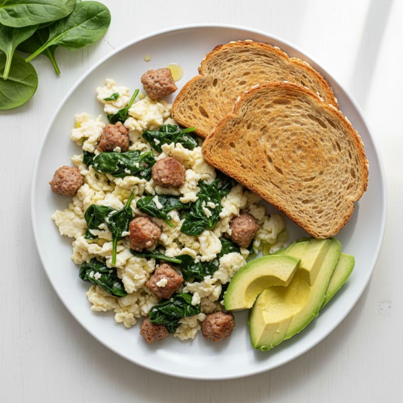 Egg White Scramble with Turkey Sausage and Sautéed Spinach