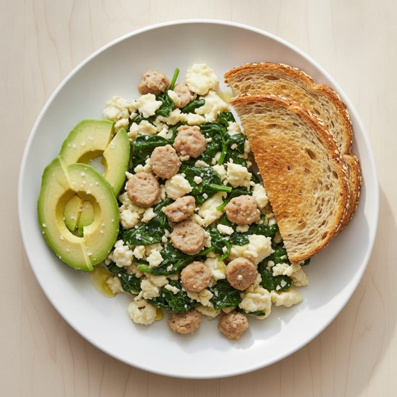 Egg White and Turkey Sausage Scramble with Sautéed Spinach