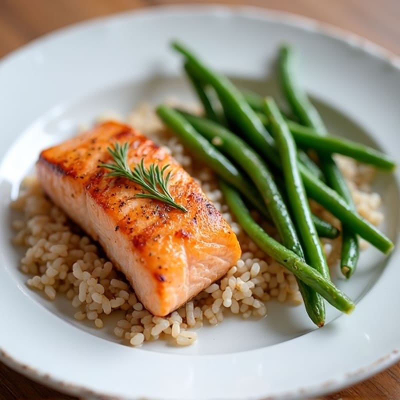 Seared Salmon with Steamed Green Beans and Brown Rice