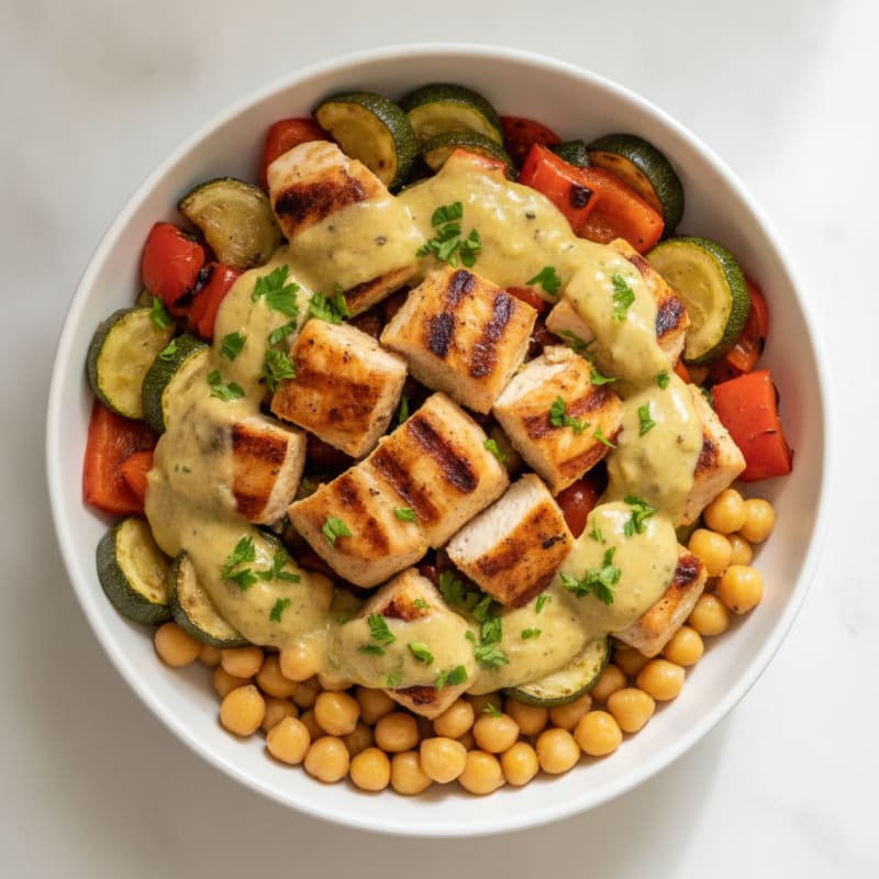 Grilled Chicken and Roasted Vegetable Bowl with Greek Yogurt Sauce