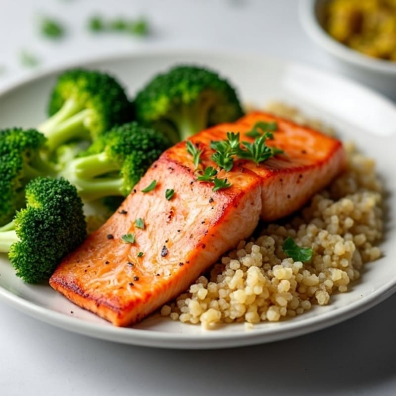 Seared Salmon with Steamed Broccoli and Quinoa