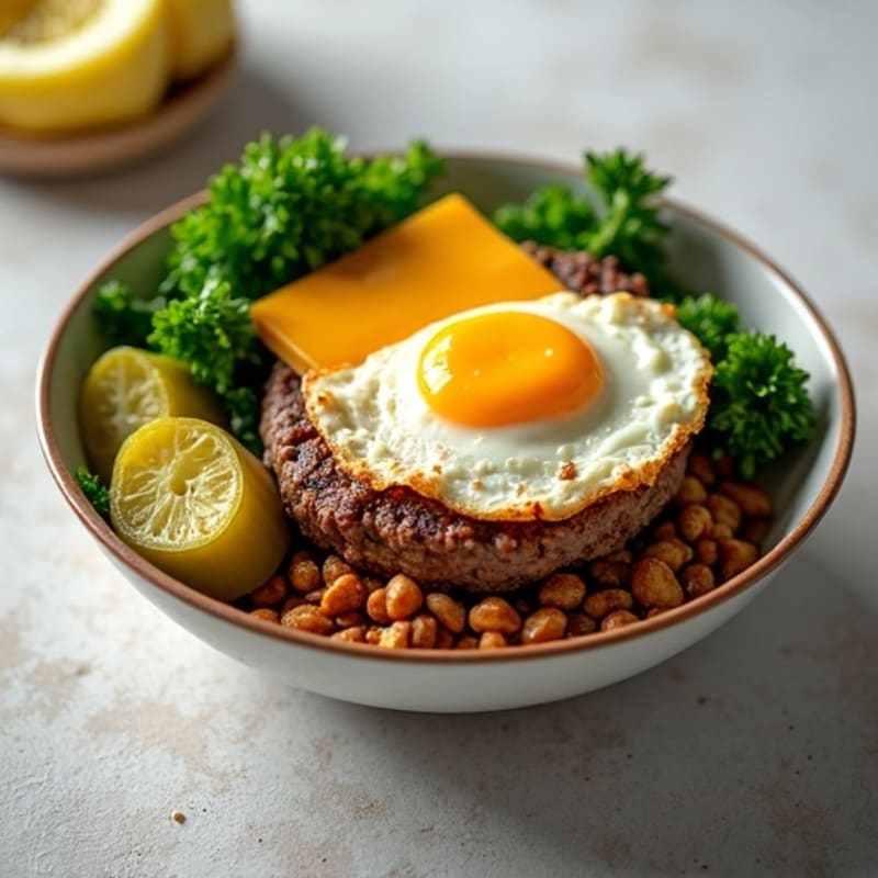 Lean Ground Beef Cheeseburger Bowl with Crispy Greens and Tangy Pickles