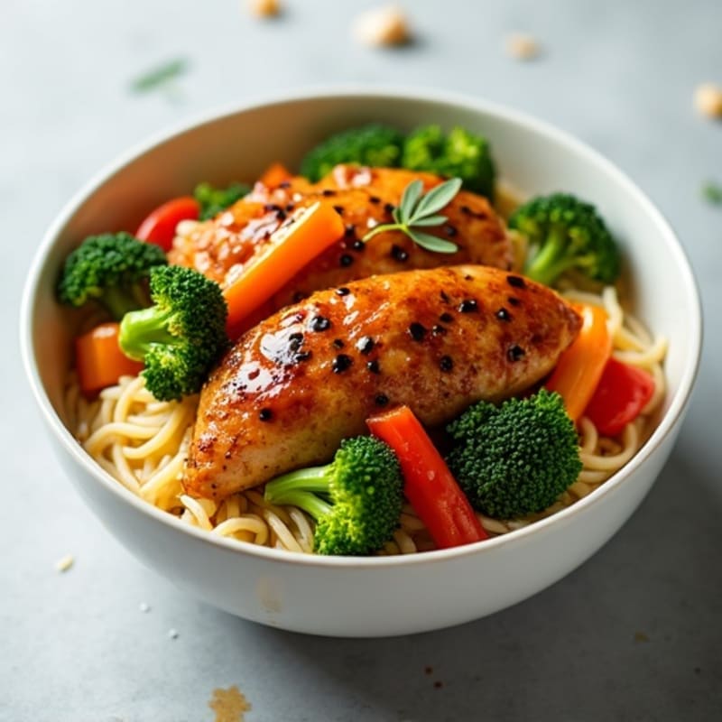 Sticky Ginger-Garlic Chicken with Noodles and Sautéed Veggies
