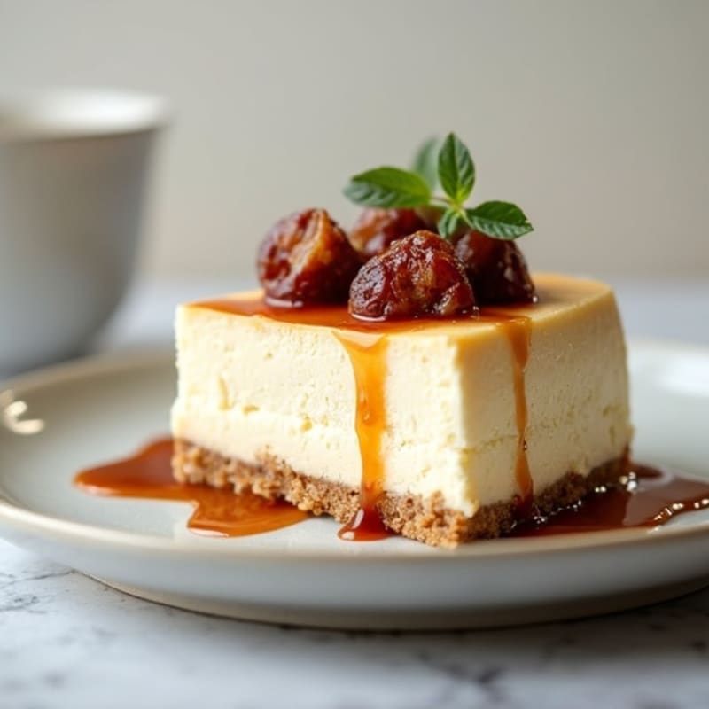 Greek Yogurt Vanilla Bean Cheesecake with Date Caramel Drizzle