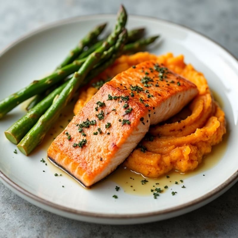 Seared Salmon with Roasted Asparagus and Sweet Potato Mash