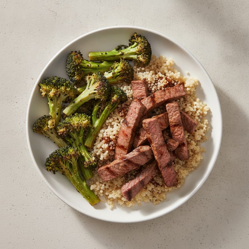 Seared Lean Beef Strips with Roasted Broccoli and Quinoa