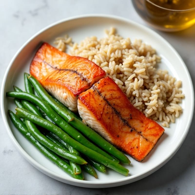 Seared Salmon with Steamed Green Beans and Brown Rice