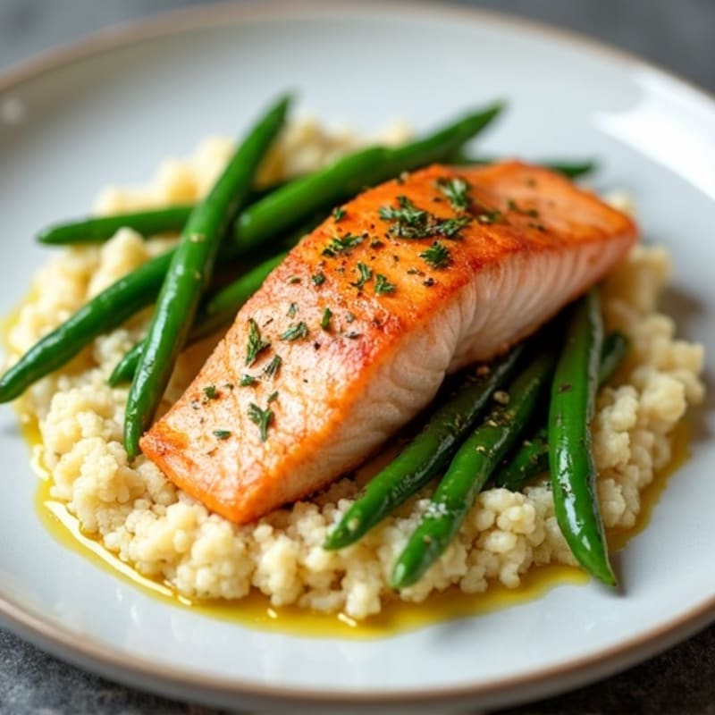 Seared Salmon with Steamed Green Beans and Garlic Cauliflower Mash