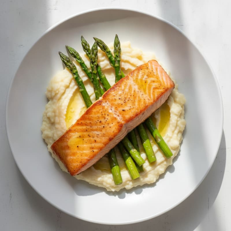 Seared Salmon Fillet with Roasted Asparagus and Cauliflower Mash