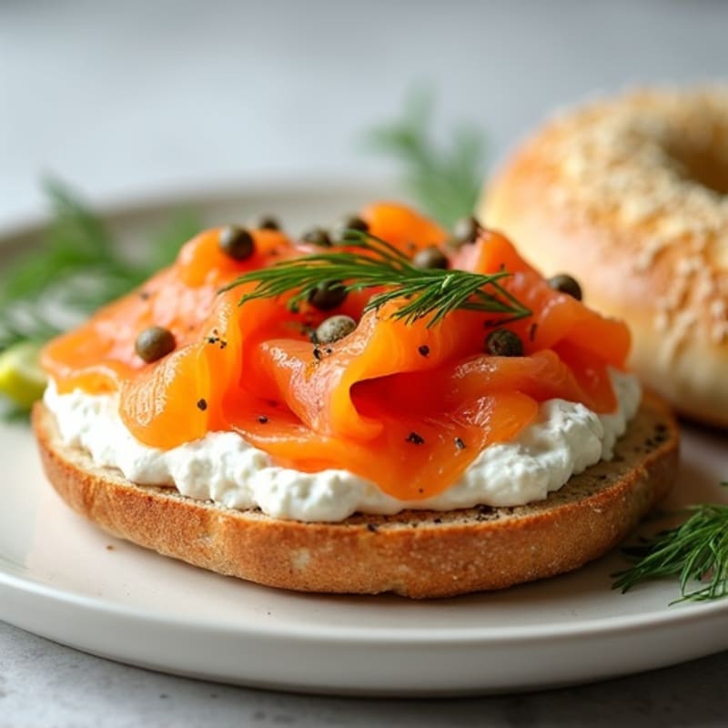 Open-Face Smoked Salmon with Herbed Cream Cheese on Toasted Everything Bagel