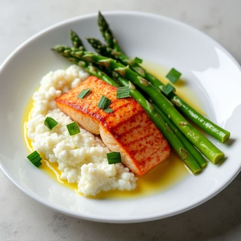 Seared Salmon with Steamed Asparagus and Cauliflower Mash