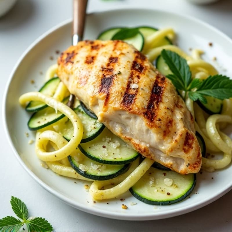 Creamy Cauliflower Alfredo Chicken with Zucchini Noodles
