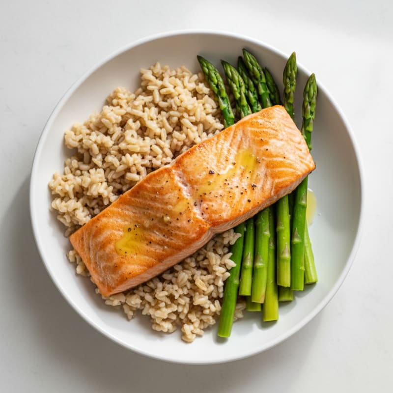 Seared Salmon Fillet with Steamed Asparagus and Brown Rice