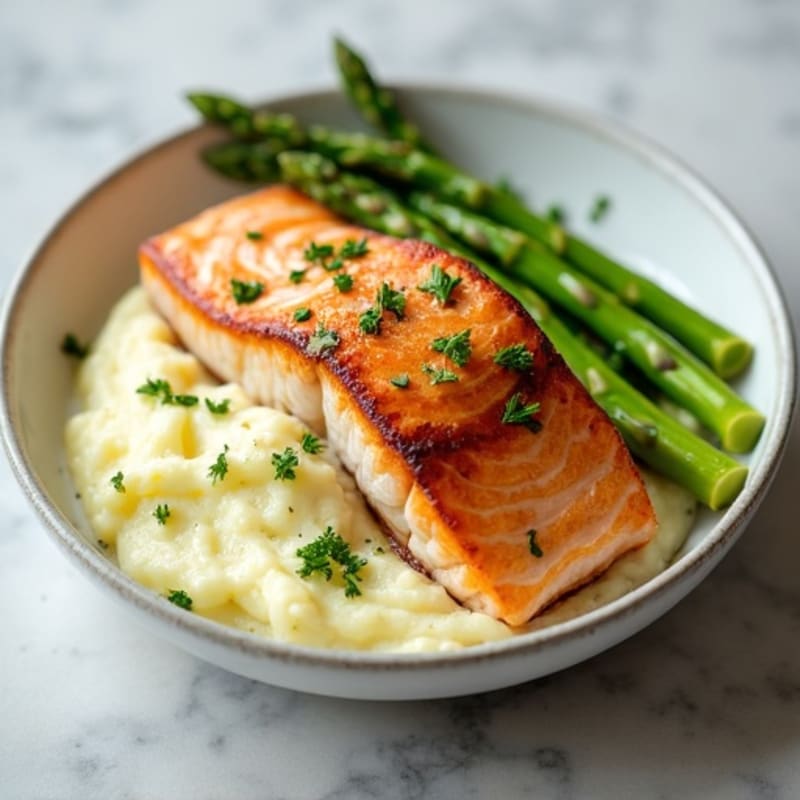 Seared Salmon with Steamed Asparagus and Garlic Mashed Potatoes