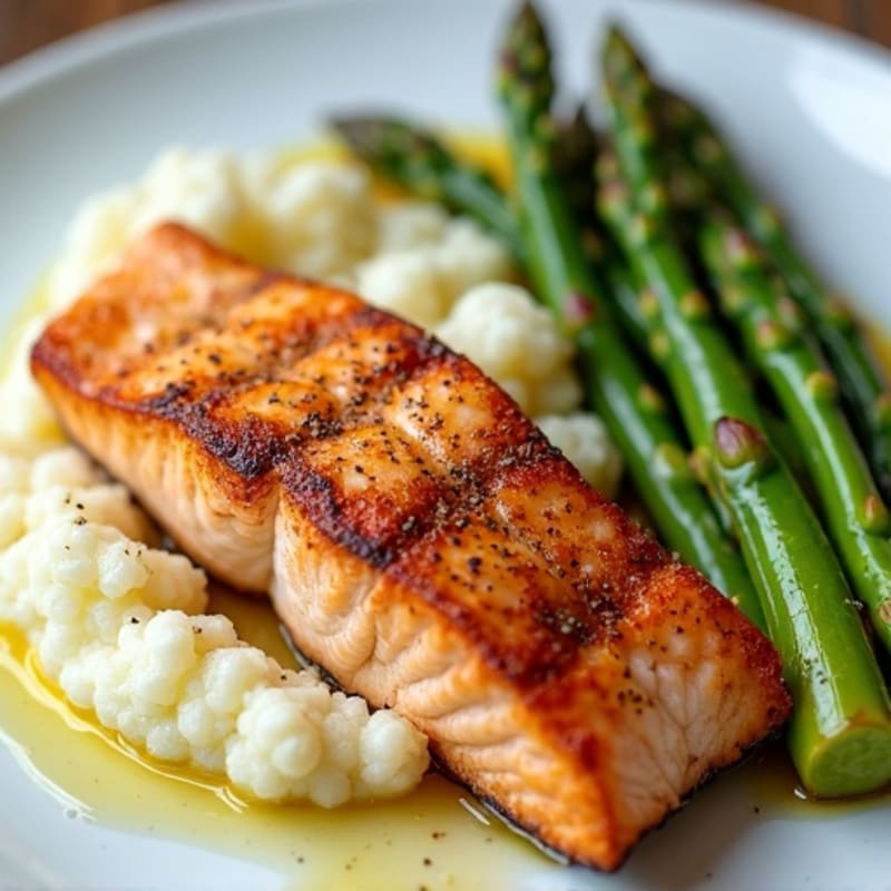 Seared Salmon with Steamed Asparagus and Cauliflower Mash