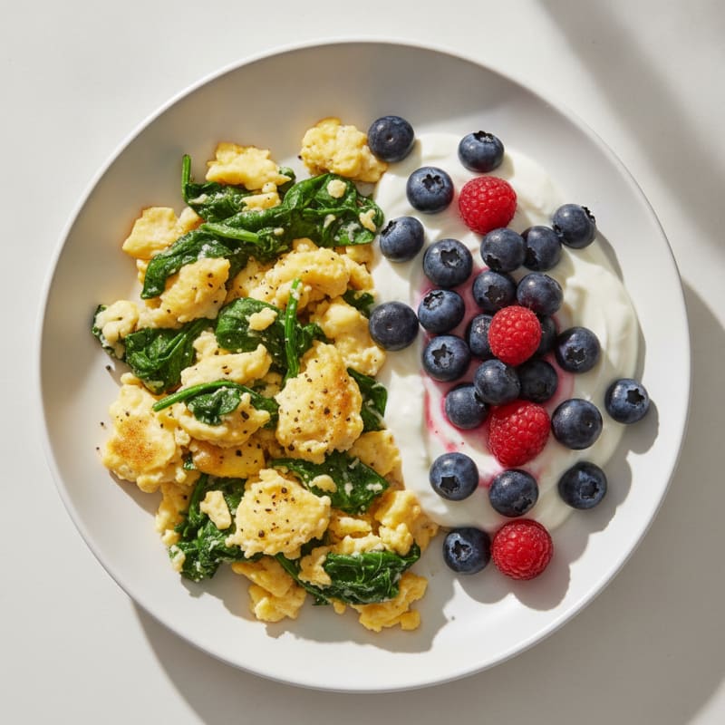 Berry Greek Yogurt with Spinach Scrambled Eggs