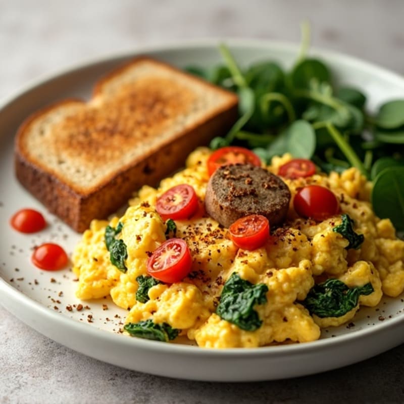 Egg White and Turkey Sausage Scramble with Sautéed Spinach, Tomatoes & Toast