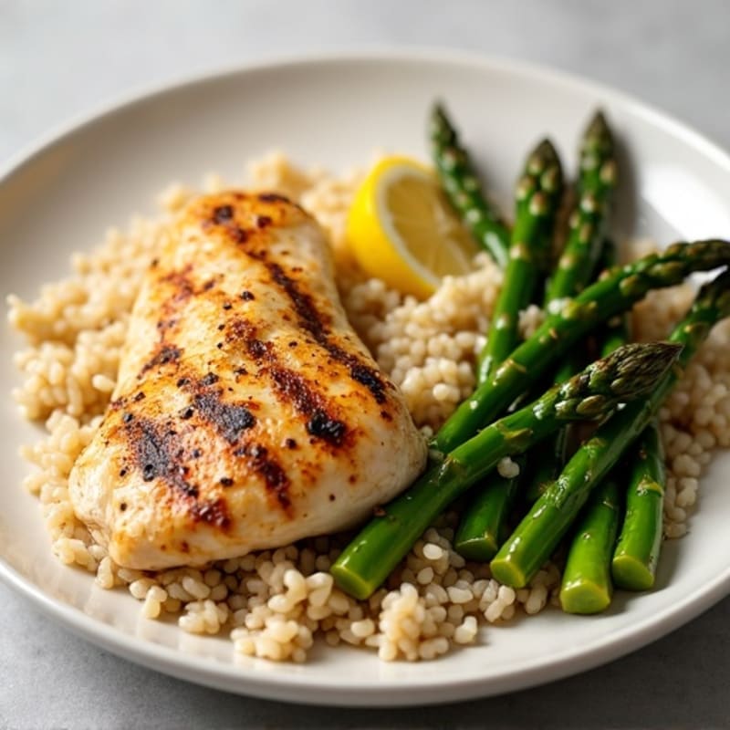 Lemon Garlic Roasted Chicken with Brown Rice and Roasted Asparagus