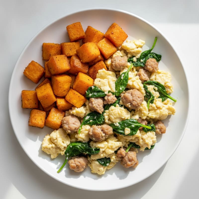 Egg White and Turkey Sausage Scramble with Spinach and Roasted Sweet Potato