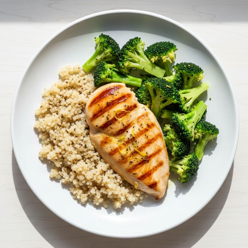 Grilled Chicken Breast with Steamed Broccoli and Quinoa