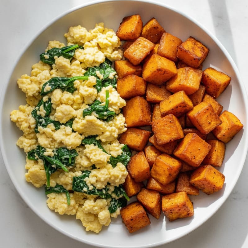 Cottage Cheese Scramble with Spinach and Roasted Sweet Potatoes