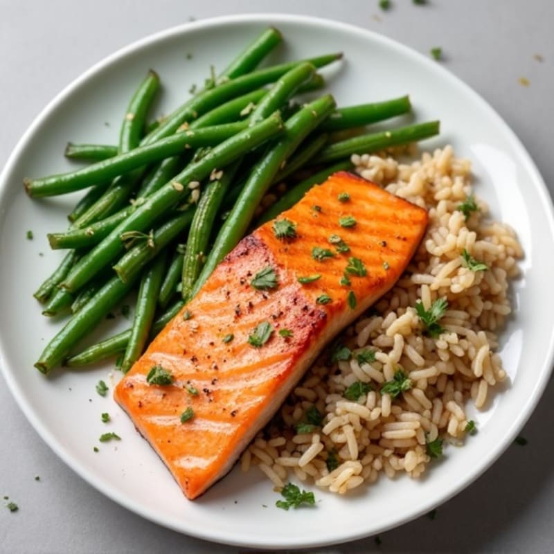 Seared Salmon with Garlic Green Beans and Brown Rice