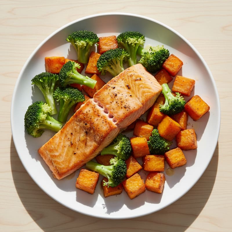 Seared Salmon with Steamed Broccoli and Roasted Sweet Potato